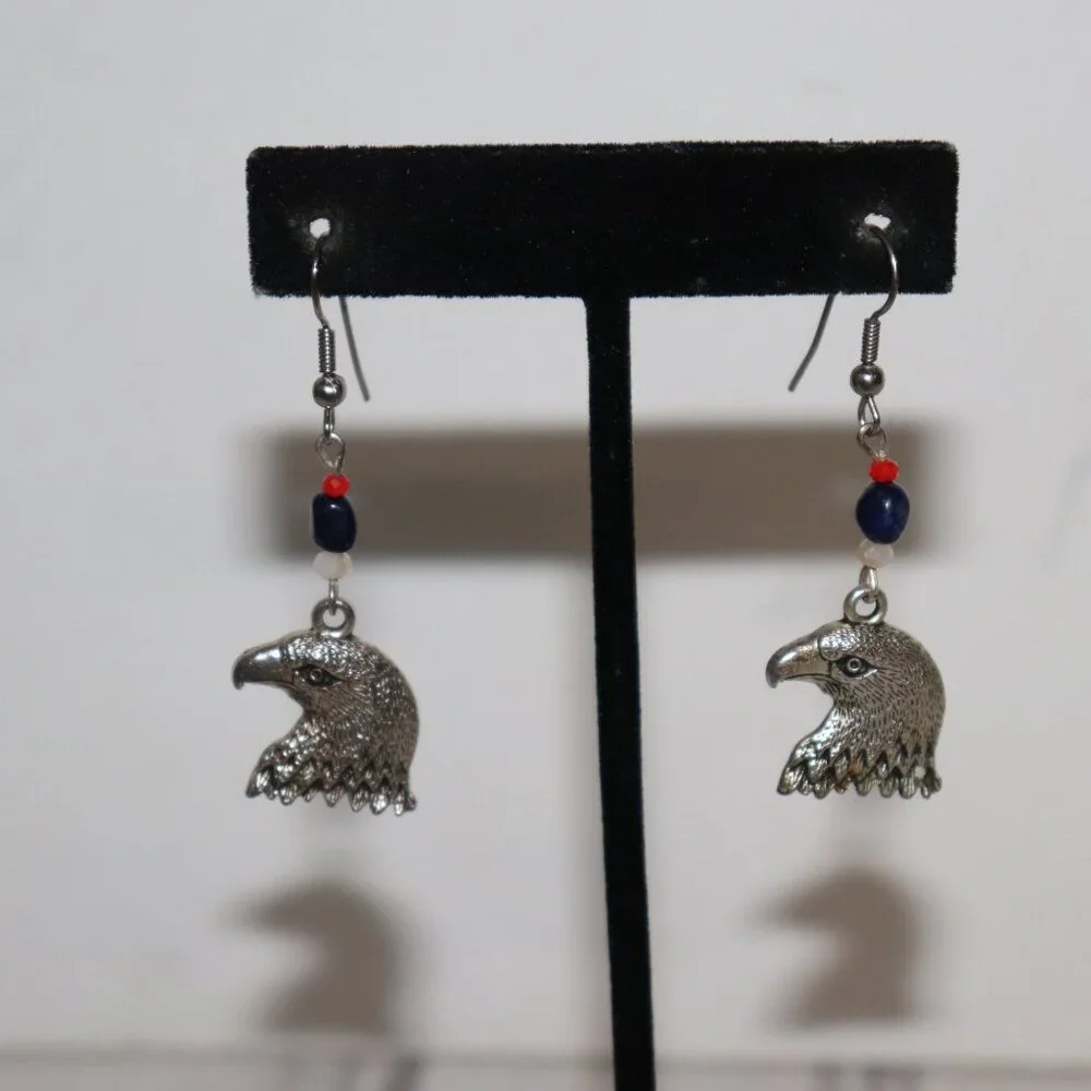 Silver Eagle & Red, White, Blue Beaded Dangle Earrings – 2.25